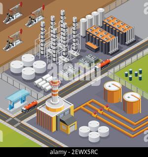 Öl-Industrie und Transport Zusammensetzung mit großen Raffinerie und Kürbisse 3D isometrische Vektordarstellung Stock Vektor