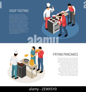 Koch kochen Lebensmittel Zubereitung Aufgaben 2 isometrische horizontale Banner mit Braten Pfannkuchen Suppe Geschmack Überprüfung Vektor-Abbildung Stock Vektor