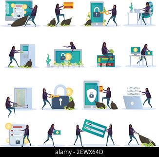 Cyber-Sicherheit Satz von flachen Symbolen elektronische Geräte mit Daten Schutz und Hacker-Aktivität isoliert Vektor-Illustration Stock Vektor