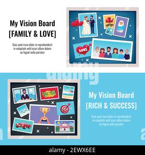 Dreams Vision Board horizontale Banner mit Erfolg und Liebe gesetzt Symbole flach isolierte Vektordarstellung Stock Vektor