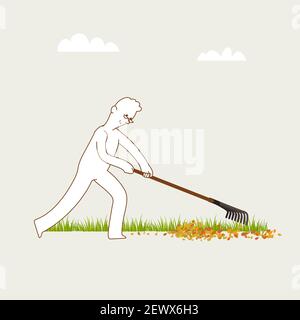 Mann, der getrocknete gefallene Blätter vom Rasen rekend, Schmutz vom Hof entfernend. Freizeitaktivitäten zu Hause. Retirement-Konzept. Minimales Design Illustration. Stock Vektor
