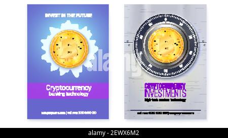 Bitcoin-Investitionen. Set von Plakaten mit Goldmünze der Kryptowährung. vektorgrafik 3D. Stock Vektor