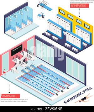 Schwimmbad isometrische Zusammensetzung mit Infrastruktur Symbole isoliert Vektor-Illustration Stock Vektor