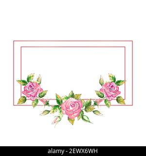 Der geometrische Rahmen ist mit Blumen verziert. Rosa Rosen, grüne Blätter, offene und geschlossene Blüten. Zarte Aquarelldarstellung Stockfoto