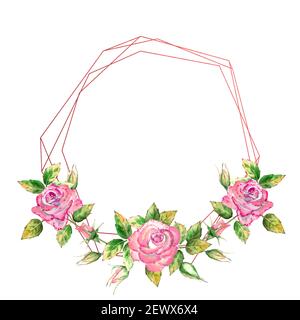 Der geometrische Rahmen ist mit Blumen verziert. Rosa Rosen, grüne Blätter, offene und geschlossene Blüten. Zarte Aquarelldarstellung Stockfoto