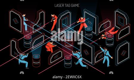 Laser Tag Indoor Outdoor Team Spiel horizontale isometrische Zusammensetzung mit Spieler schießen Infrarot-empfindliche Ziele Vektor-Illustration Stock Vektor