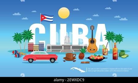 Kuba Reise Hintergrund mit Resort und Urlaub Symbole flache Vektor Abbildung Stock Vektor