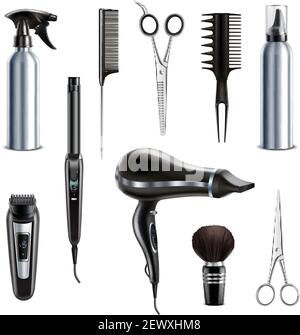 Friseursalon Friseur Styling Tools realistische Sammlung mit Haartrockner Schere Isolierte Vektorgrafik für den Trimmer-Haarschneider, Rasierpinsel Stock Vektor