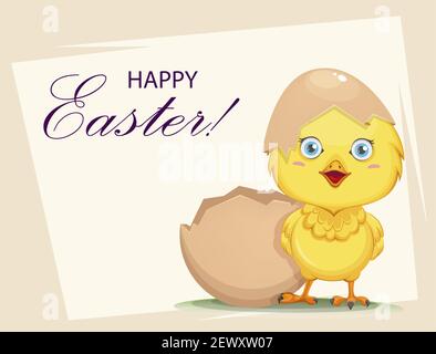 Niedliches kleines Küken schlüpfte aus einem Ei. Frohe Ostern Grußkarte. Lustige Baby Huhn in Schale. Vektorgrafik für Aktien Stock Vektor