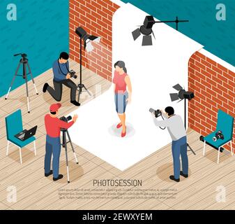 Professionelle Fotokunst Studio Inneneinrichtung Fotografen arbeiten isometrische Zusammensetzung Mit Mode-Modell schießen Sitzung Vektor Illustration Stock Vektor