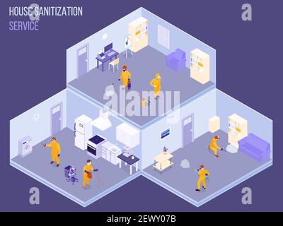 Personal des Hauses Sanitisation Service in Schutzuniform während der Desinfektion Isometrische Vektordarstellung arbeiten Stock Vektor