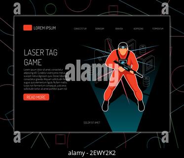 Laser Tag Spiel Konzept Regeln Ausrüstung bietet isometrisches Design mit Spieler hält Waffe schwarzen Hintergrund Vektor-Illustration Stock Vektor