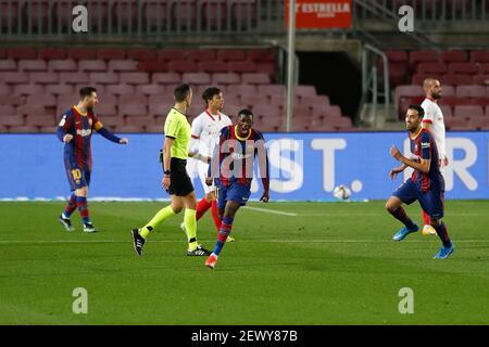 Barcelona, Spanien. März 2021, 3rd. Ousmane Dembele (Barcelona) Fußball : Dembele feiert nach seinem Tor beim spanischen 'Copa del Rey' Halbfinale 2nd-Bein-Match zwischen FC Barcelona 3-0 Sevilla FC im Camp Nou in Barcelona, Spanien . Quelle: Mutsu Kawamori/AFLO/Alamy Live News Stockfoto