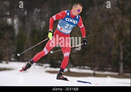 Alexander BOLSHUNOV (RSF), Aktion, Einzelaktion, Einzelbild, Ausschnitt, Ganzkörperaufnahme, ganze Figur. Langlauf Männer 15 km Intervall Start frei, Langlaufen, Männer am 03,03.2021. FIS Nordische Skiweltmeisterschaften 2021 in Oberstdorf vom 22nd. Februar bis 7th. März 2021. Weltweite Nutzung Stockfoto