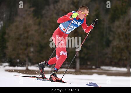 Alexander BOLSHUNOV (RSF), Aktion, Einzelaktion, Einzelbild, Ausschnitt, Ganzkörperaufnahme, ganze Figur. Langlauf Männer 15 km Intervall Start frei, Langlaufen, Männer am 03,03.2021. FIS Nordische Skiweltmeisterschaften 2021 in Oberstdorf vom 22nd. Februar bis 7th. März 2021. Weltweite Nutzung Stockfoto