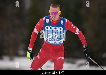 Alexander BOLSHUNOV (RSF), Aktion, Einzelbild, Einzelmotiv beschnitten, Halbfigur, Halbfigur. Langlauf Männer 15 km Intervall Start frei, Langlaufen, Männer am 03,03.2021. FIS Nordische Skiweltmeisterschaften 2021 in Oberstdorf vom 22nd. Februar bis 7th. März 2021. Weltweite Nutzung Stockfoto