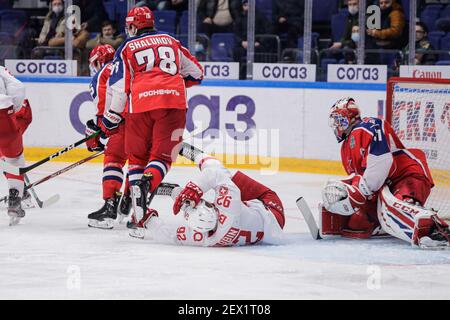 Moskau, Russland. März 2021, 3rd. KHL-Eishockeyspiel der regulären Saison: CSKA Moscow vs Spartak Moscow - Moscow CSKA Arena. Stockfoto