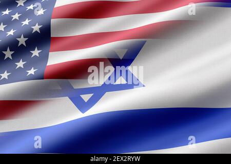 3D Darstellung von Israel und Vereinigte Staaten von Amerika Flaggen gemischt. Konzepte diplomatischer Konflikte. Stockfoto