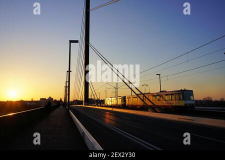 Oberkasseler Brücke im Sonnenuntergang mit Straßenbahn. Die Seilbrücke überquert den Rhein und verbindet die Stadt mit dem Stadtteil Oberkassel. Stockfoto