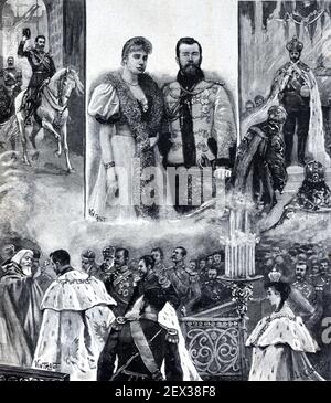 Illustration zum Gedenken an das Leben und die Herrschaft des Zaren Nikolaus II. & Russland (1868-1918) der letzte Kaiser oder Russland 1896 Vintage Illustration oder Old Engraving Stockfoto