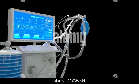 ITS-Lungenventilator mit Bett 3D Renderings isoliert auf Schwarz, Illustration Gesundheitswesen 3D Stockfoto