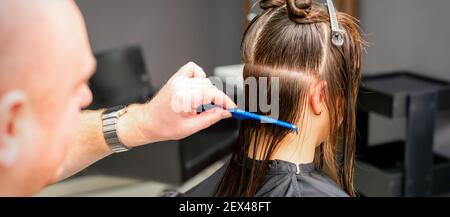 Rückansicht des männlichen Friseurs Kämmen nasses Haar von jungen kaukasische Frau teilt sich in einem Friseursalon in Abschnitte Stockfoto