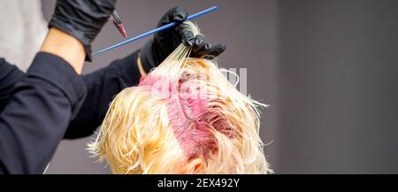 Nahaufnahme der Friseurhände Anwendung rosa Farbstoff auf Frauen Blonde Haare in einem Friseursalon Stockfoto