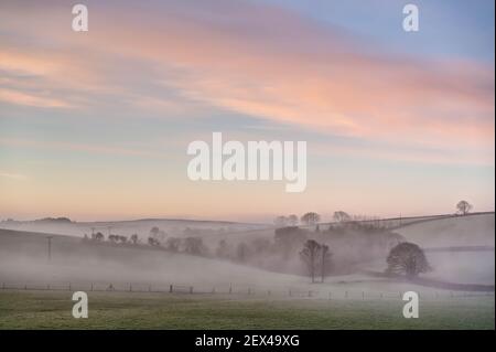 Ein wunderbarer, friedlicher, atmosphärischer Moment über die Küste Cornish Ackerland, der frühe Morgennebel entwickelt sich, wie die Sonne aufgeht und wärmt einen kalten frostigen Tag Stockfoto