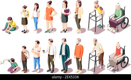 Verschiedene Generationen isometrische Icons Set illustrierte menschliche Alter Evolution aus Kind zu alt isoliert Vektor-Illustration Stock Vektor