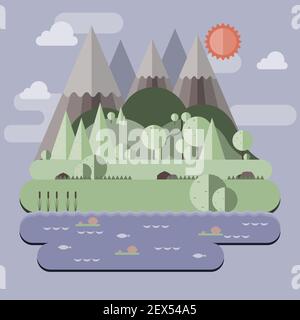 Sonnige Tageslandschaft Illustration im flachen Stil mit Bergen, Wald und Wasser. Hintergrund für Sommercamp, Naturtourismus, Camping oder Wandern Design Stock Vektor