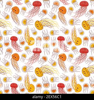 Nahtlose endlose Wiederholung Muster der bunten Umriss Vektor Doodle Cartoon Qualle. Seegrübe ist glücklich, hat gute Emotionen und lange Tentakeln. Tiere Stock Vektor