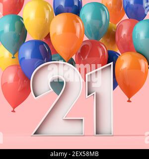 Happy 21st Geburtstag Hintergrund mit bunten Ballons. 3D Rendering Stockfoto