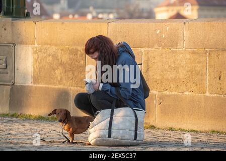 Prag, Tschechische Republik. 03-02-2021. Junge Frau, die mit ihrem Hund auf der Karlsbrücke im Stadtzentrum von Prag auf einer schönen Sonnen telefoniert Stockfoto