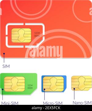 Realistische sim-Karten Icon Set mit verschiedenen Typen mini micro Und Nano-sim-Vektor-Illustration Stock Vektor