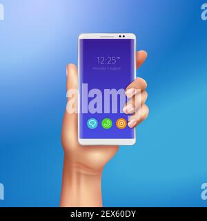 Weißes Smartphone in weiblicher Hand auf blauem Hintergrund Realistische Vektordarstellung Stock Vektor