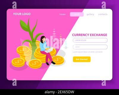 Stock Exchange isometrische Landing Page Zusammensetzung mit Registrierungsformular genannt Currency Exchange und erste-Schritte-Schaltfläche Vektordarstellung Stock Vektor