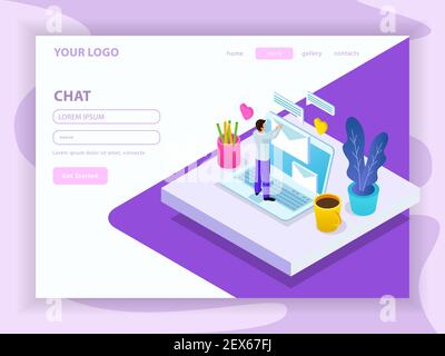 Virtuelle Kommunikation isometrische Zusammensetzung mit Landing Page der Website mit Vektordarstellung für Menü und Registrierungsformular Stock Vektor