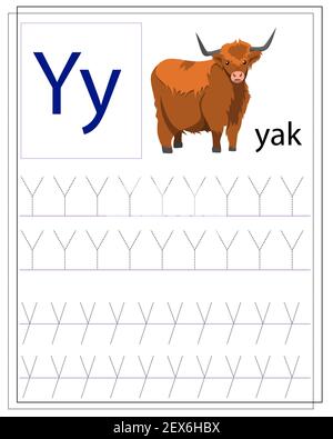 Yak. Ein Arbeitsblatt für Kinder mit Buchstaben zum Erlernen des englischen Alphabets. Handschriftentraining. Stock Vektor