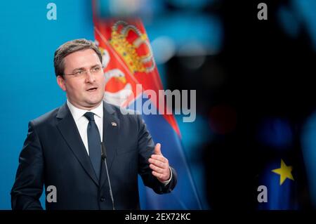 Berlin, Deutschland. März 2021, 04th. Nikola Selakovic, Außenminister Serbiens, spricht im Rahmen einer Pressekonferenz im Auswärtigen Amt mit Medienvertretern. Quelle: Kay Nietfeld/dpa Pool/dpa/Alamy Live News Stockfoto