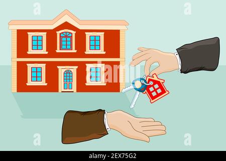 Hände, die Schlüssel mit kleinem Hausschlüsselring geben, die von einer Hand zur anderen gegeben werden. Immobilien, Miete oder Verkauf.erfolgreiches Anlagekonzept.Vektor-Illustration Stock Vektor
