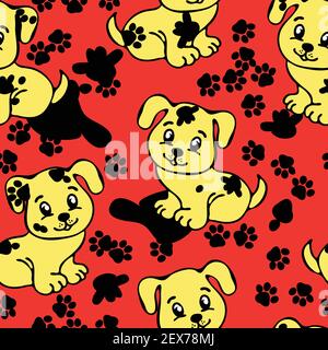 Nahtlose Vektor-Muster mit Welpen auf rotem Hintergrund. Fun Tier Tapete Design mit unordentlichen Hund und Fußabdrücke. Niedliche Kindermode-Qualität. Stock Vektor