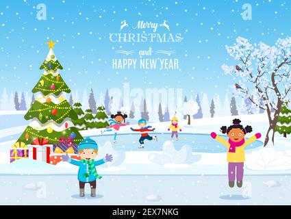 Winterszene mit Schlittschuhlaufen Kinder Stock Vektor