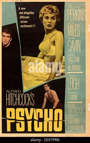 Psycho. Werbung/Poster. Alfred Hitchcock. 1960. Der Film feat. Anthony Perkins, Janet Leigh, Vera Miles und John Gavin. Stockfoto