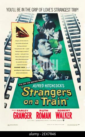 Fremde im Zug. Alfred Hitchcock Filmposter. Feat. Farley Granger, Ruth Roman und Robert Walker. 1951. Stockfoto