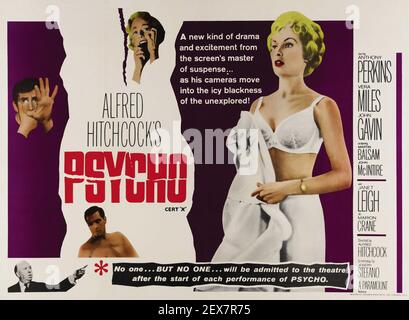 Psycho. Werbung/Poster. Alfred Hitchcock. 1960. Der Film feat. Anthony Perkins, Janet Leigh, Vera Miles und John Gavin. Stockfoto