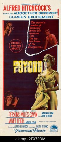 Psycho. Werbung/Poster. Alfred Hitchcock. 1960. Der Film feat. Anthony Perkins, Janet Leigh, Vera Miles und John Gavin. Stockfoto