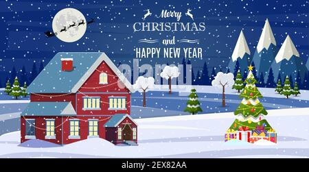 Der Weihnachtsmann fliegt im Schnee über das Haus. Stock Vektor
