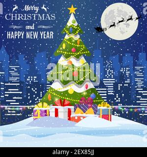 Weihnachten Winter Stadtbild, Tannenbaum und Geschenke. Stock Vektor
