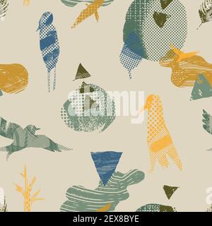 Vektor abstraktes Nahtloses Muster mit natürlichen und geometrischen Motiven. Stock Vektor