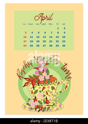 Getränke-Kalender 2022 mit saisonalen Dessert von verschiedenen Tee, Kaffee, Kakao. Obst, Beeren, Kuchen, Tee. Tees mit verschreibungspflichtigen Zutaten. Vertikal ca. Stock Vektor